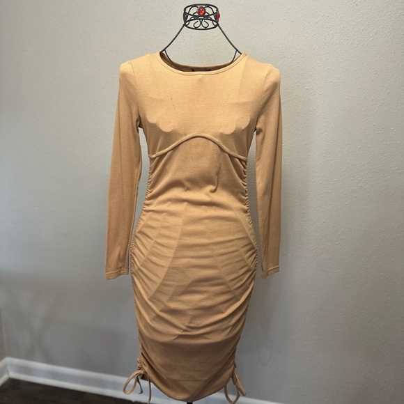 Elegant Tan Ruched Dress - Picture 3 of 9